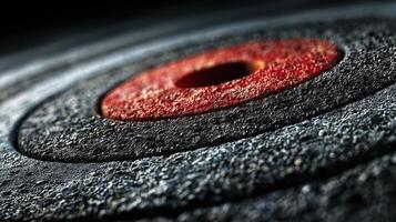 Textured close-up of a dartboard's bullseye capturing intricate details of color and material in soft lighting photo