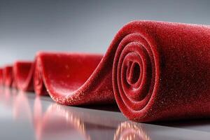 Vibrant red fabric rolls arranged elegantly on a reflective surface in a studio setting photo