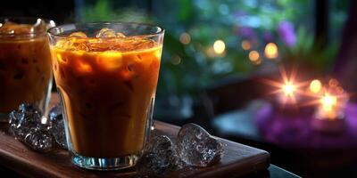 Refreshing iced coffee served in a glass with ice cubes on a wooden tray in a cozy cafe setting photo