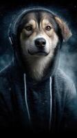Dog wearing headphones and a hoodie smiles against a dark, starry background while listening to music at night photo