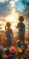 Children enjoying a sunset in a colorful wildflower field during a warm summer evening photo