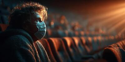 Person wearing a mask sits alone in a movie theater during a dramatic light display in the background photo