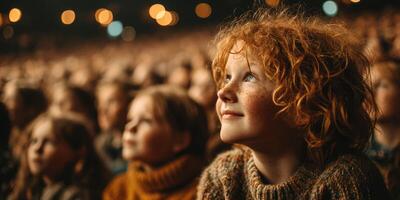Engaged child watches performance in crowded auditorium during evening event photo