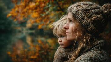 Mother and child embrace nature's beauty during autumn at a lakeside park photo