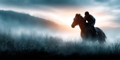 Horse rider gallops through misty landscape at dawn with dramatic clouds and tranquil hills in the background photo