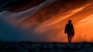 Soldier walking against a dramatic backdrop of swirling colors at dusk in a serene landscape photo