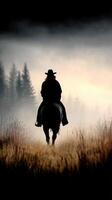 Rider on horseback journeys through misty landscape at dawn with trees in background photo
