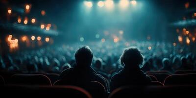 Couple enjoying live performance in a theater during evening event filled with an attentive audience and colorful lights photo