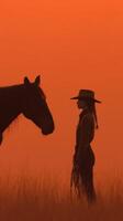 Silhouette of a woman and horse against a vibrant sunset sky in a serene rural setting photo
