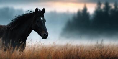 Majestic black horse stands gracefully in a misty field at dawn surrounded by forest silhouettes photo