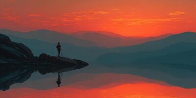 Photographer capturing colorful sunset over calm lake with mountains in the background photo