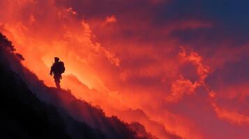 Soldier trekking through a vibrant sunset landscape in a mountainous region photo