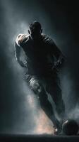 Dynamic soccer player sprinting towards the ball in a smoky, atmospheric setting during a night match photo