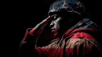 Soldier saluting with patriotic spirit at night showcasing American flag elements in the background photo