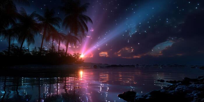 Vibrant sunset over a tropical island with palm trees reflecting in calm waters at twilight photo