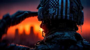 Soldier saluting at sunset during rain, honoring fallen comrades in a somber moment photo