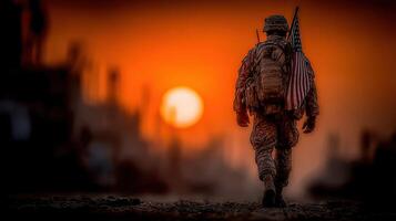 Soldier walking with American flag at sunset in a war-torn environment reflecting bravery and sacrifice photo