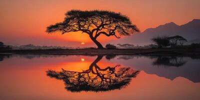 Sunset reflection of a tree by the lake with mountains in the background during golden hour photo