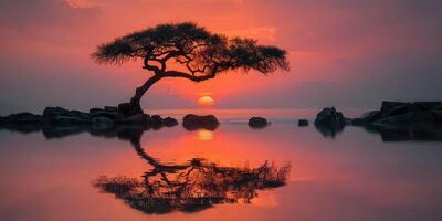 Sunset reflection over calm waters with a silhouetted tree on the shoreline during twilight hours photo