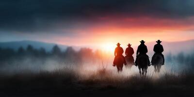 Four cowboys riding into the sunset over a misty landscape in the western countryside photo