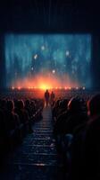 Audience gathers in dimly lit theater as lights shine onstage during a performance photo