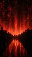 Audience captivated by vibrant light display during an immersive artistic performance at an evening event photo