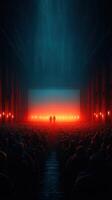 Audience gathers in a dimly lit theater for an intense presentation with striking lighting effects at dusk photo