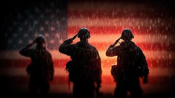 Soldiers saluting against a backdrop of the American flag during a rainstorm at dusk in a patriotic tribute photo