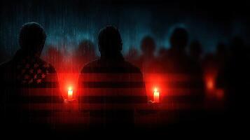 People holding candles in the rain with an American flag background during a memorial event at night photo