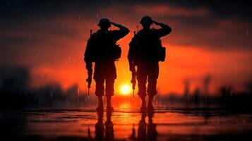 Soldiers salute at sunset amidst rain, displaying honor and bravery in a poignant farewell moment photo