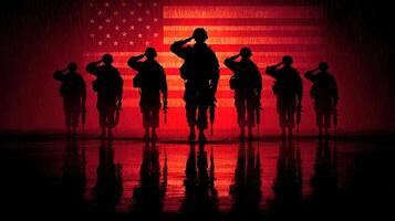 Soldiers saluting against a vibrant backdrop of the American flag during a solemn tribute at night photo