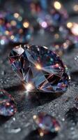 Glistening diamond resting among scattered gemstones in bright light reflections photo