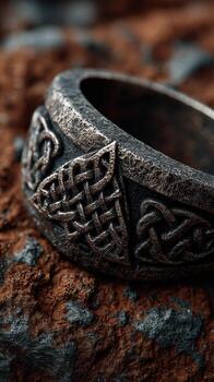 Detailed view of intricately designed black metal ring showcasing Celtic patterns on a rustic surface photo