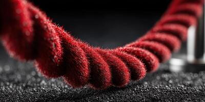 Textured red rope with fine fibers displayed on a dark background highlighting its unique design features photo