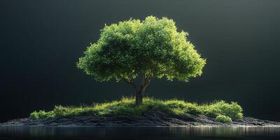 Lush green tree stands alone on a small island surrounded by still water at dusk under a soft, serene atmosphere photo