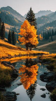 Autumn reflection of vibrant trees by a tranquil stream in mountainous landscape at sunset