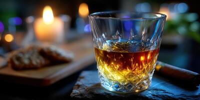 Relaxing evening with whiskey, cookies, and warm candlelight in a cozy setting photo