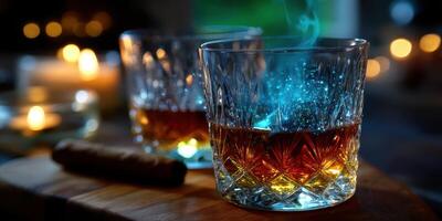 Whiskey and cigars create a cozy atmosphere with glowing embers in a dimly lit setting photo
