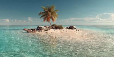 Serene tropical island with a single palm tree surrounded by clear blue waters in midday light photo