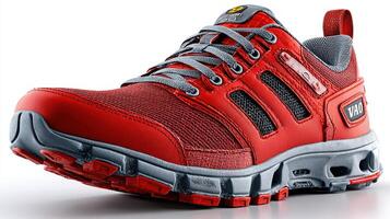 Bright red athletic shoe showcasing modern design with gray accents for versatile outdoor and indoor activities photo