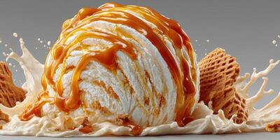 Delicious ice cream scoop drizzled with caramel sauce and surrounded by crunchy wafer cookies photo