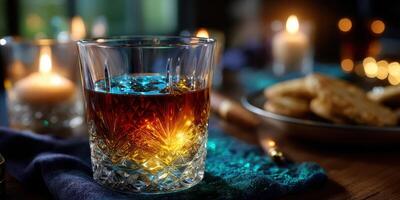 Evening gathering with whiskey glass and cookies by candlelight in a cozy setting photo