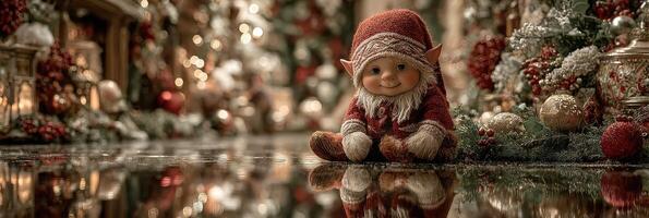 Smiling elf doll surrounded by festive decorations in a cozy holiday setting photo