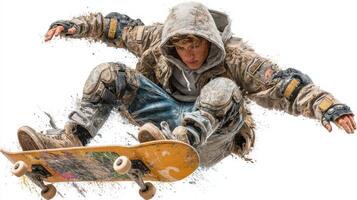 Skateboarder performs a mid-air trick during an urban skate session in a grungy outfit on a sunny day photo
