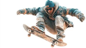 Skater performs a trick in mid-air at an urban skate park during a sunny afternoon photo