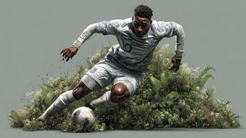 Dynamic soccer player dribbles through vibrant greenery at an urban setting during a sunny day photo