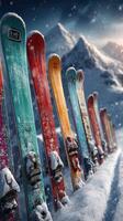 Colorful skis lined up against a snowy mountain backdrop during winter afternoon photo