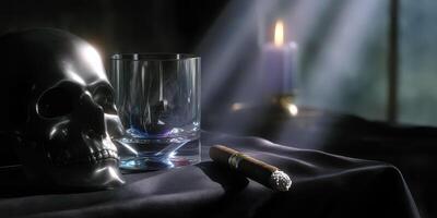 Dark and moody still life with a skull, glass and cigar featuring shadows and light photo