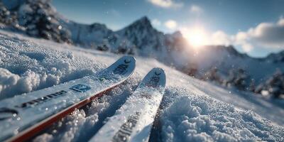 Winter skiing adventure on fresh snow with mountain backdrop during golden hour in a breathtaking landscape photo