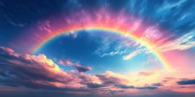 Colorful sunset sky with a vibrant rainbow arching over clouds in a tranquil atmosphere photo